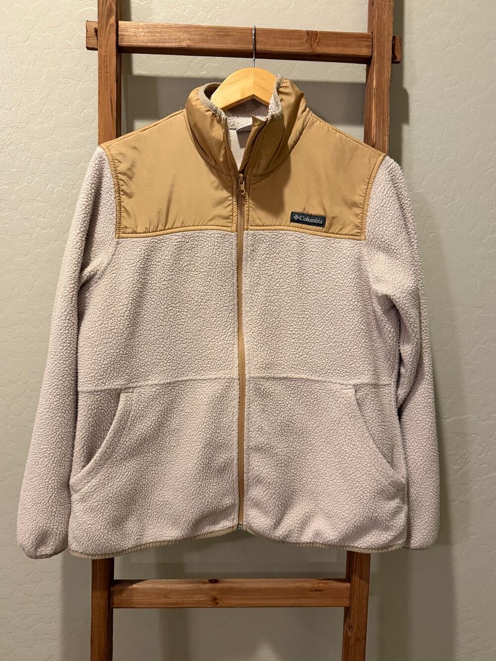 Columbia Sherpa Fleece Jacket Tan Cream Full Zip Cozy Outdoor Jacket-small